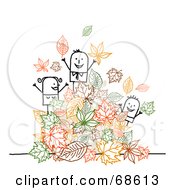 Stick People Character Family Playing In Autumn Leaves