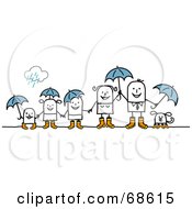 Poster, Art Print Of Stick People Character Family With Umbrellas On A Rainy Day