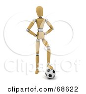 3d Wood Mannequin Resting His Foot On A Soccer Ball