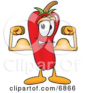 Clipart Picture Of A Chili Pepper Mascot Cartoon Character Flexing His Arm Muscles