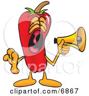 Clipart Picture Of A Chili Pepper Mascot Cartoon Character Screaming Into A Megaphone