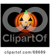 Royalty Free RF Clipart Illustration Of A Smiling Evil Jackolantern Pumpkin With A Reflection On Black