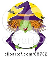 Royalty Free RF Clipart Illustration Of A Green Witch With Orange Hair Holding A Bubbly Cauldron Against A Full Moon With Bats by Maria Bell