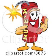 Dynamite Mascot Cartoon Character Holding A Telephone