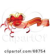 Poster, Art Print Of Red And Gold Wavy Christmas Banner With A Bow And Curly Ribbons