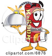 Dynamite Mascot Cartoon Character Holding A Serving Platter