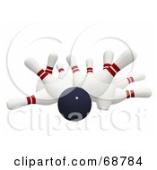 Royalty Free RF Clipart Illustration Of A Bowling Ball Crashing Hard Into 3d Bowling Pins On White