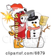 Clipart Picture Of A Red Dynamite Mascot Cartoon Character With A Snowman On Christmas