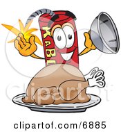 Poster, Art Print Of Dynamite Mascot Cartoon Character With A Thanksgiving Turkey On A Platter