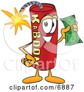 Dynamite Mascot Cartoon Character Holding A Dollar Bill