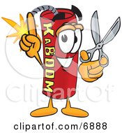 Dynamite Mascot Cartoon Character Holding Scissors