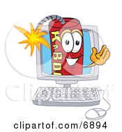 Clipart Picture Of A Red Dynamite Mascot Cartoon Character On A Computer Screen