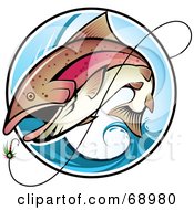 Royalty Free RF Clipart Illustration Of A Fish Leaping Out Of A Blue Wave To Bite A Lure by TA Images #COLLC68980-0125