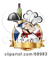Royalty Free RF Clipart Illustration Of A Pleasant Chef Holding Wine And A Platter On A French Logo With A Gold Banner by TA Images #COLLC68983-0125