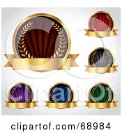 Poster, Art Print Of Digital Collage Of Five Colorful Round Laurel Logos With Blank Gold Banners