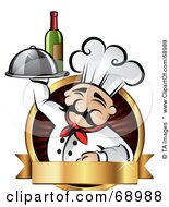 Poster, Art Print Of Pleasant Chef Holding Wine And A Platter On A Red Logo With A Gold Banner