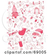 Poster, Art Print Of Red Holiday Doodle Background Of Christmas Items On White