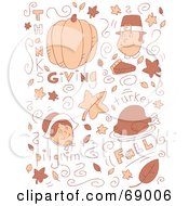 Poster, Art Print Of Brown Holiday Doodle Background Of Thanksgiving Items On White