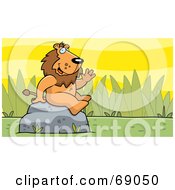 Friendly Waving Lion Character On A Rock