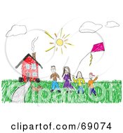 Royalty Free RF Clipart Illustration Of A Child Like Drawing Of A Family And Their Pet With A Kite Outside Their Red House