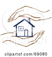 Pair Of Human Hands Protecting A Blue Home
