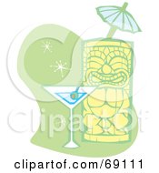 Happy Tiki With A Martini And Umbrella On A Green And White Background