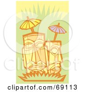Poster, Art Print Of Two Tikis With Umbrellas On A Green Background
