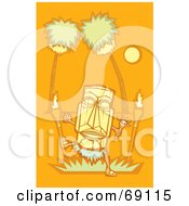 Royalty Free RF Clipart Illustration Of A Yellow Tiki Dancer With Torches And Palm Trees On An Orange Background by xunantunich