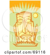 Poster, Art Print Of Yellow Tiki Face With Torches On An Orange Andgreen Background