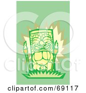 Green And Yellow Happy Tiki With Torches On A Green Background
