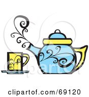 Royalty Free RF Clipart Illustration Of A Steamy Blue Tea Pot By A Yellow Cup by xunantunich #COLLC69120-0119