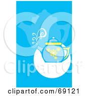 Poster, Art Print Of Steaming Blue Tea Pot On A Blue And White Background