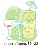 Poster, Art Print Of Happy Tiki With Wine A Martini And Umbrella On A Green And White Background