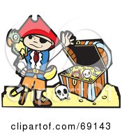 Waving Pirate Boy With A Parrot In Front Of A Treasure Chest