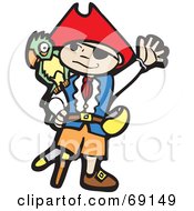 Poster, Art Print Of Waving Boy Pirate With A Peg Leg And Parrot