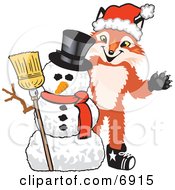 Fox Mascot Cartoon Character With A Snowman On Christmas