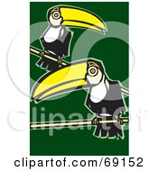 Poster, Art Print Of Two Perched Toucans Over A Green Background