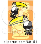 Two Perched Toucans Over An Orange Totem Pole Background