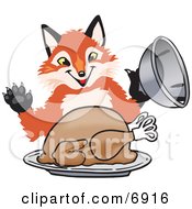 Poster, Art Print Of Fox Mascot Cartoon Character Serving A Thanksgiving Turkey On A Platter