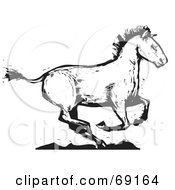 Poster, Art Print Of Black And White Wood Carved Texture Horse Running