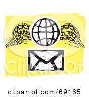 Winged Wire Globe Over An Envelope On Yellow And White