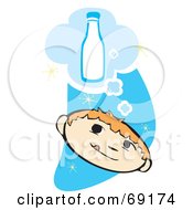 Royalty Free RF Clipart Illustration Of A Thirsty Boy Thinking Of A Bottle Of Milk Over A Blue Starry Sky