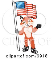 Fox Mascot Cartoon Character Holding An American Flag