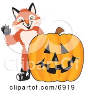 Clipart Picture Of A Fox Mascot Cartoon Character With A Halloween Pumpkin