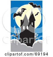 Poster, Art Print Of Full Moon Behind A Haunted House With Bats Against A Blue Sky
