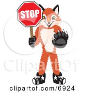 Clipart Picture Of A Fox Mascot Cartoon Character Holding A Stop Sign by Toons4Biz