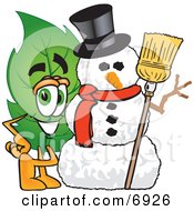 Leaf Mascot Cartoon Character With A Snowman On Christmas