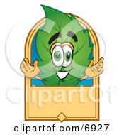 Poster, Art Print Of Leaf Mascot Cartoon Character With A Blank Tan Label
