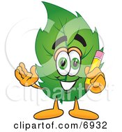 Leaf Mascot Cartoon Character Holding A Pencil