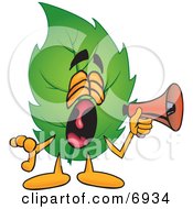 Leaf Mascot Cartoon Character Screaming Into A Megaphone